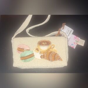T.J.Maxx Cream Beaded Shoulder Bag with Macaron, Coffee and Croissant